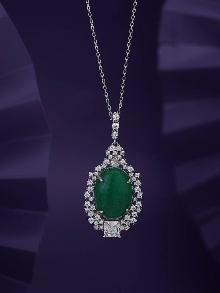 Premium Rhodium-Plated Cz-Studded & Oval-Charm Pendant With Chain : FJN4157