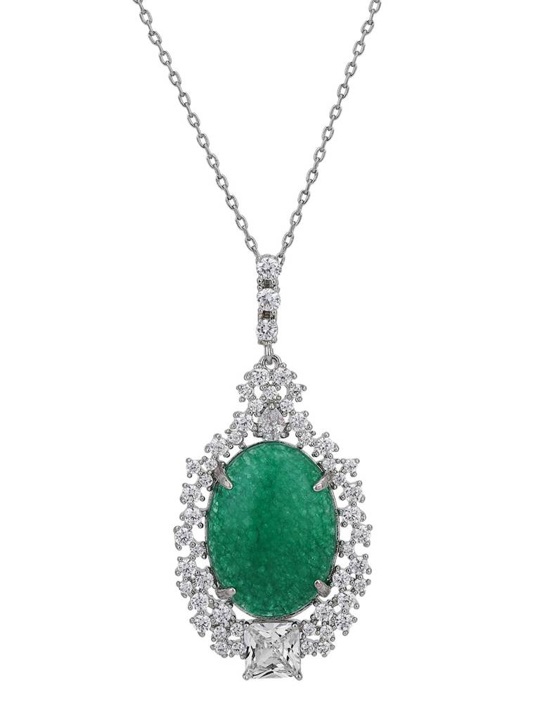 Premium Rhodium-Plated Cz-Studded & Oval-Charm Pendant With Chain : FJN4157