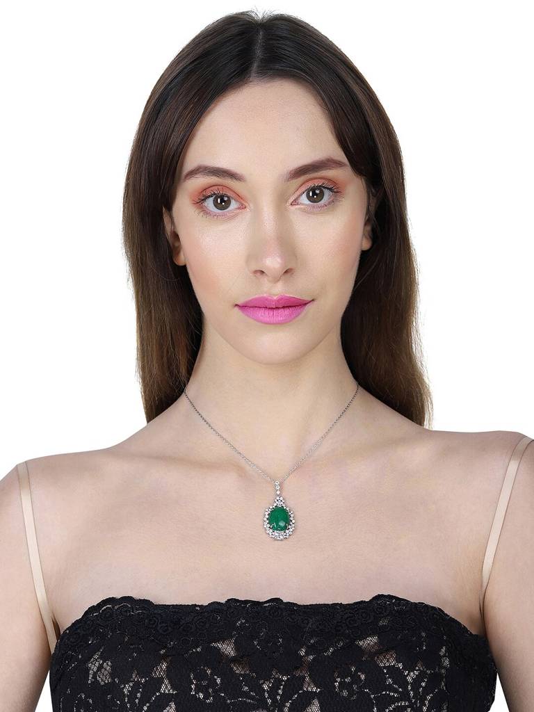 Premium Rhodium-Plated Cz-Studded & Oval-Charm Pendant With Chain : FJN4157