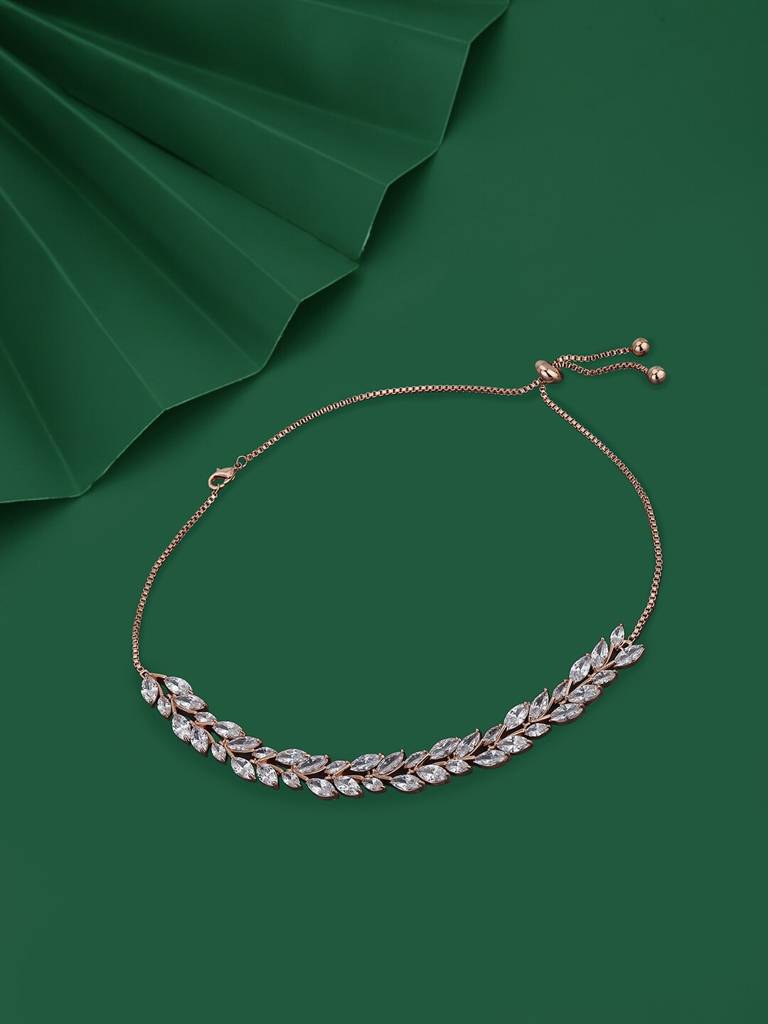 Premium Rose Gold-Plated Cubic Zirconia Studded Choker Necklace : FJN4163
