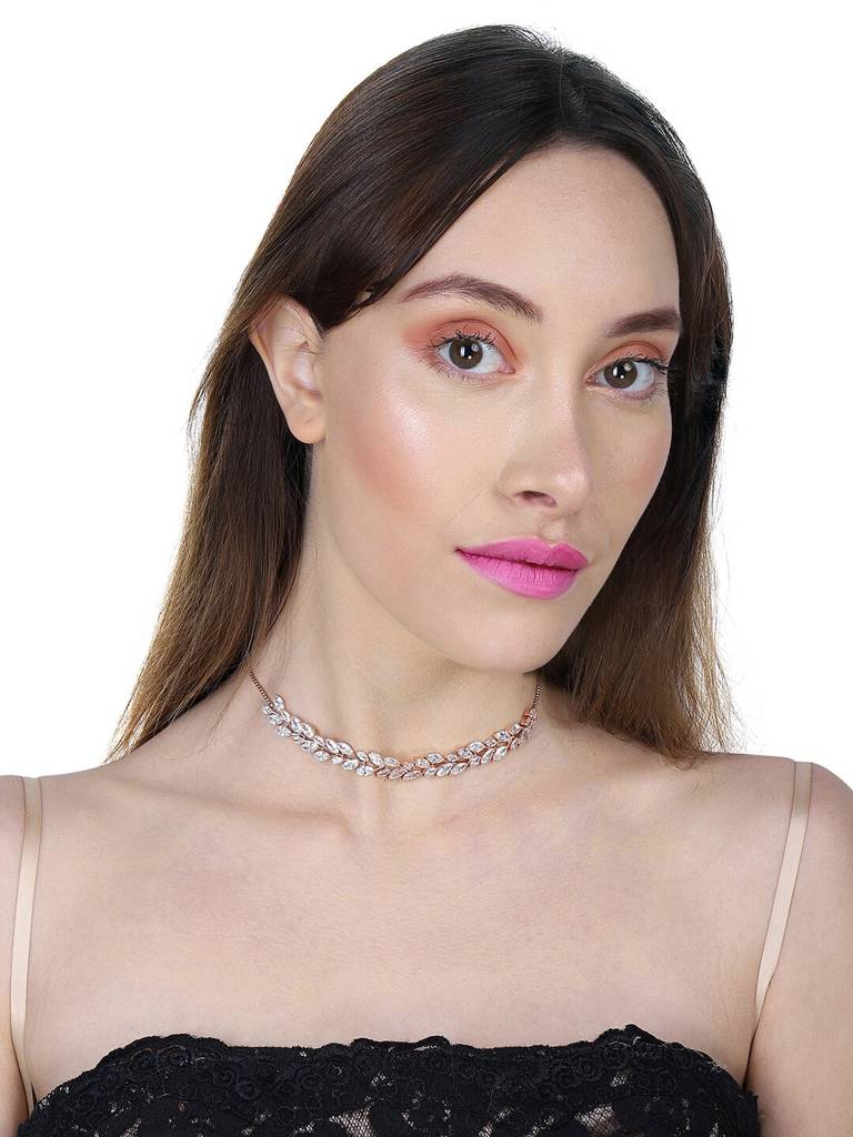 Premium Rose Gold-Plated Cubic Zirconia Studded Choker Necklace : FJN4163