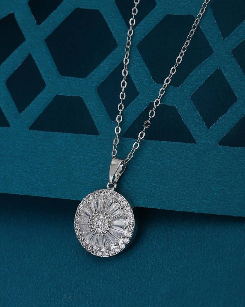 Carlton London Premium Rhodium-Plated & Cz Studded Pendant With Link Chain : FJN4165