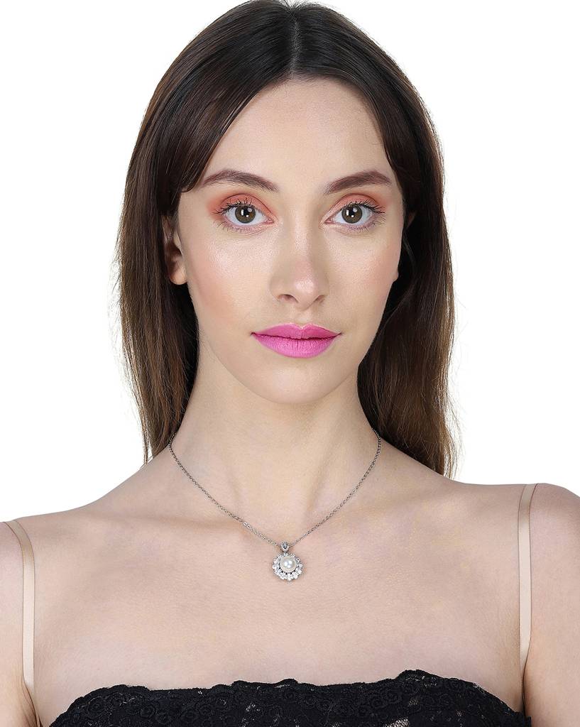 Carlton London Premium Rhodium-Plated Pearl Studded Pendant : FJN4173