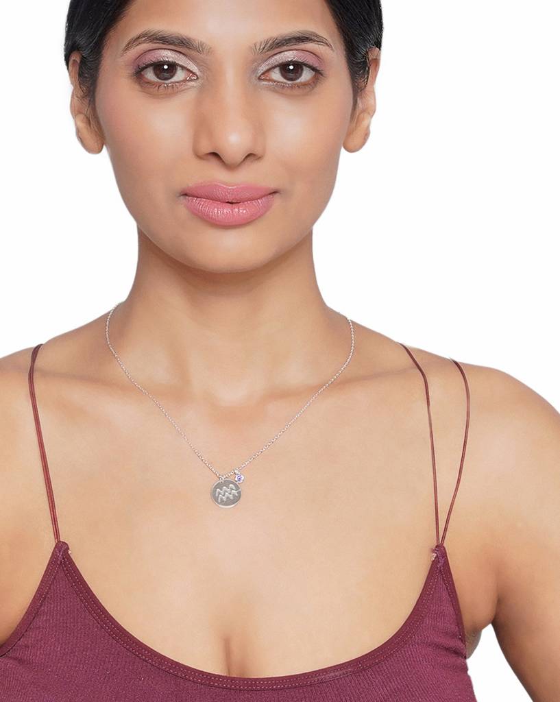 Carlton London Rhodhium-Plated Aquarius Zodiac Cz Studded Pendant With Chain : FJN4275