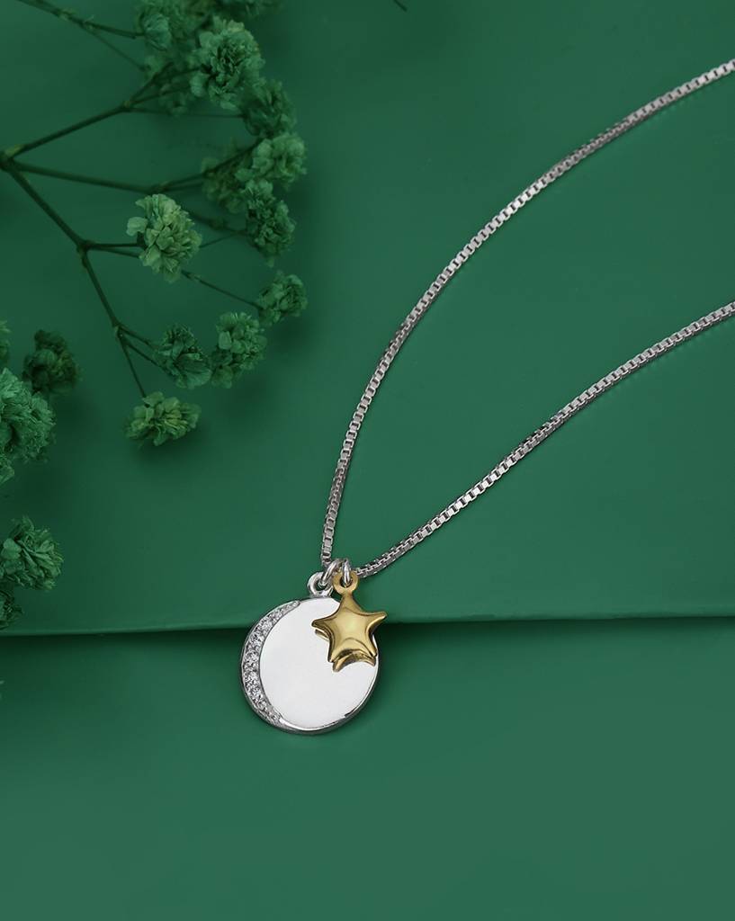 Carlton London Silver Toned Rhodium Plated Crescent Pendant With Gold Star & Chain : FJN4338