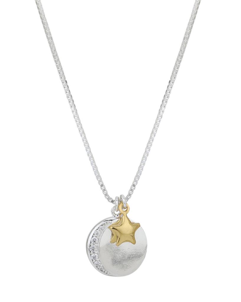 Carlton London Silver Toned Rhodium Plated Crescent Pendant With Gold Star & Chain : FJN4338
