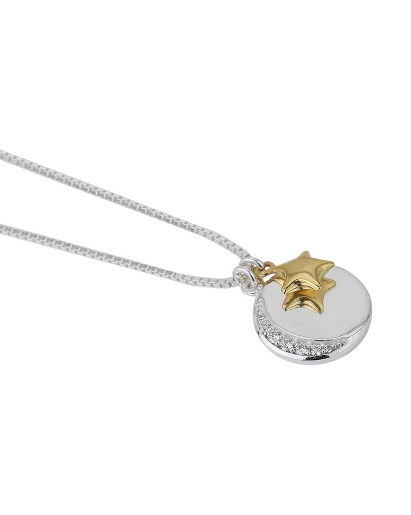 Carlton London Silver Toned Rhodium Plated Crescent Pendant With Gold Star & Chain : FJN4338