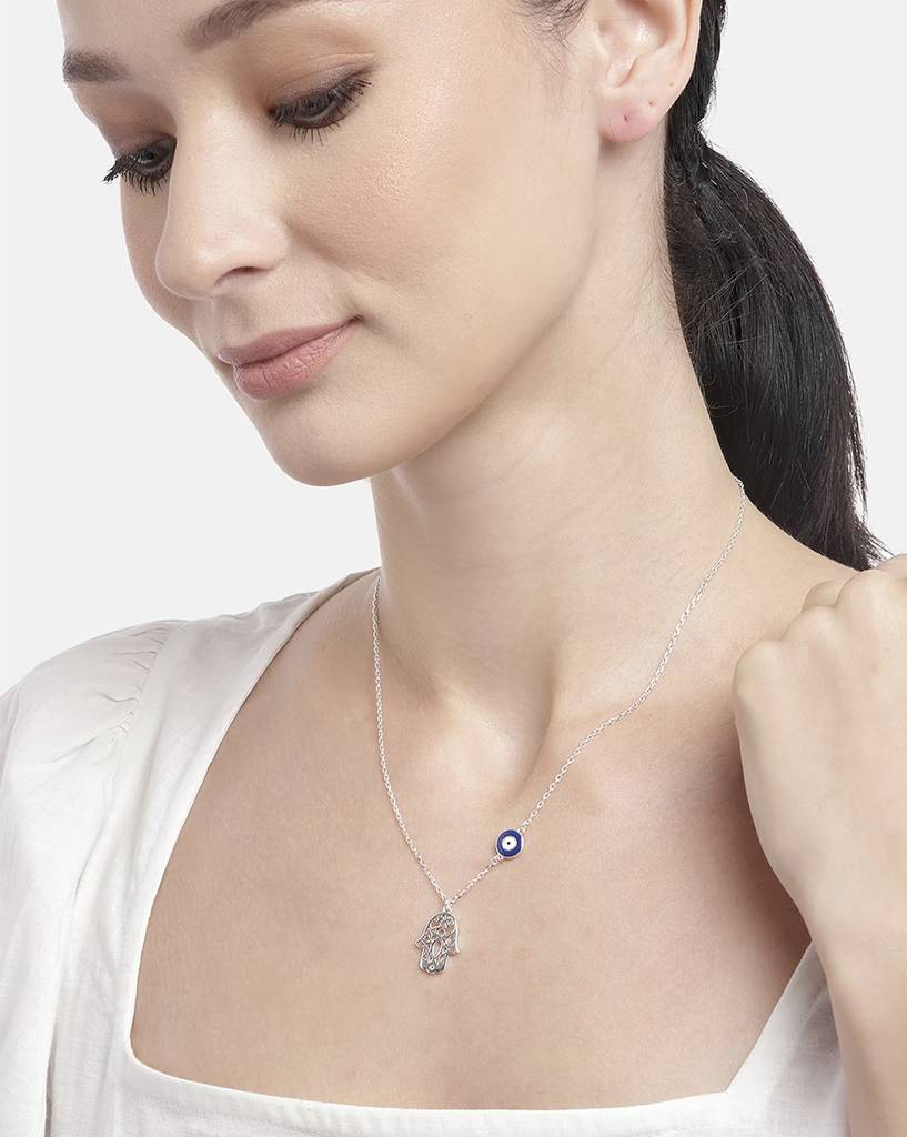 Carlton London Rhodium Plated Hamsa Pendant With Evil Eye Enamel Charm & Chain : FJN4348