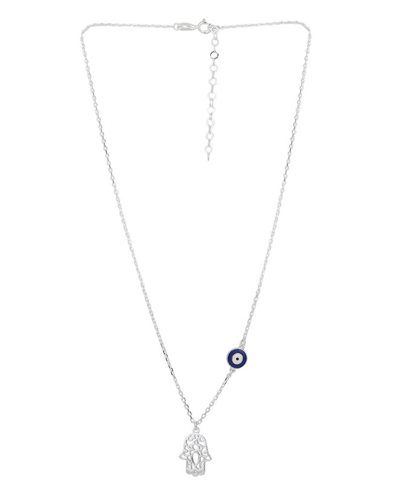 Carlton London Rhodium Plated Hamsa Pendant With Evil Eye Enamel Charm & Chain : FJN4348