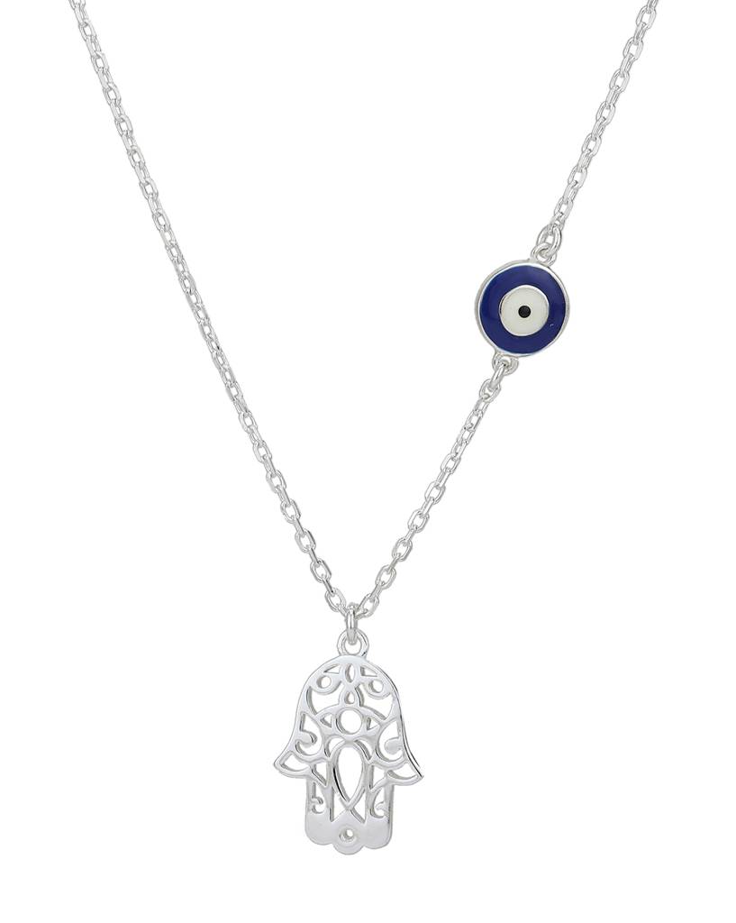Carlton London Rhodium Plated Hamsa Pendant With Evil Eye Enamel Charm & Chain : FJN4348