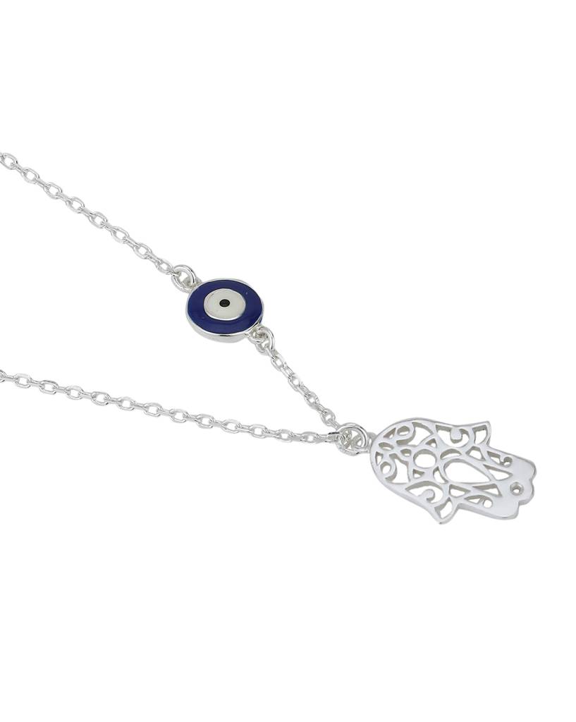 Carlton London Rhodium Plated Hamsa Pendant With Evil Eye Enamel Charm & Chain : FJN4348