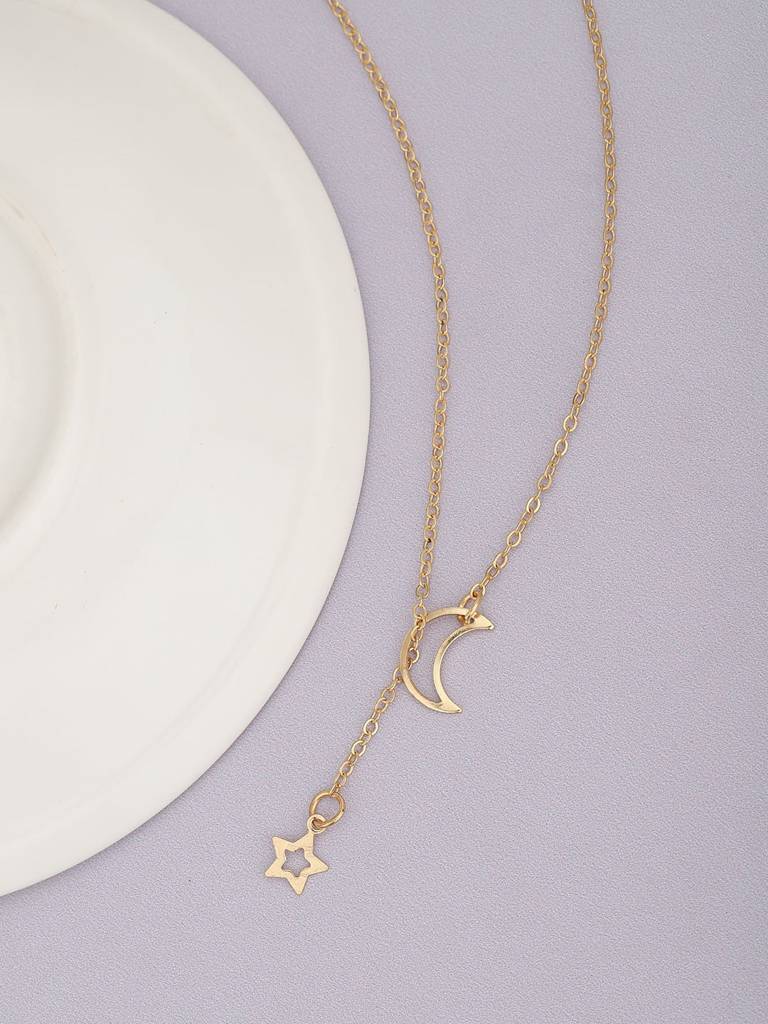 Women Gold-Plated Star & Moon Necklace : FJN4464