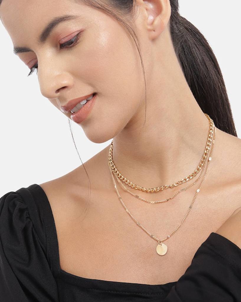 Women Gold-Plated Triple Chain Layered Necklace : FJN4465