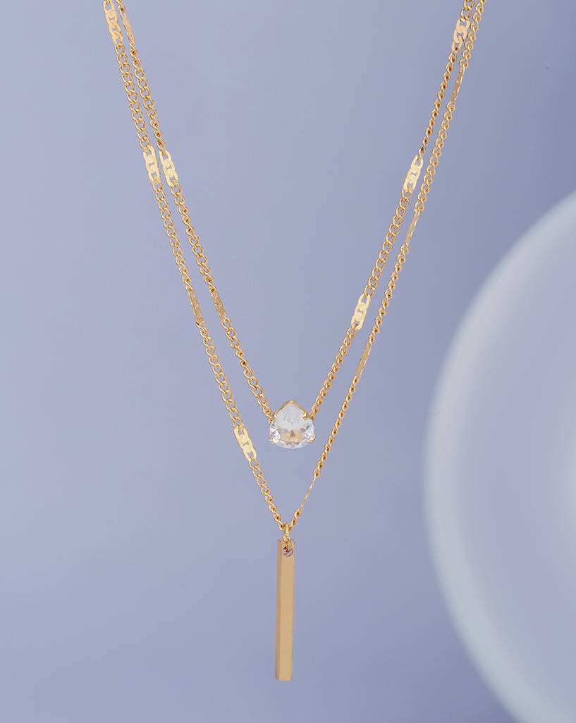 Women Set Of Rose Gold Plated Cz Studded Bar Pendant With Chain