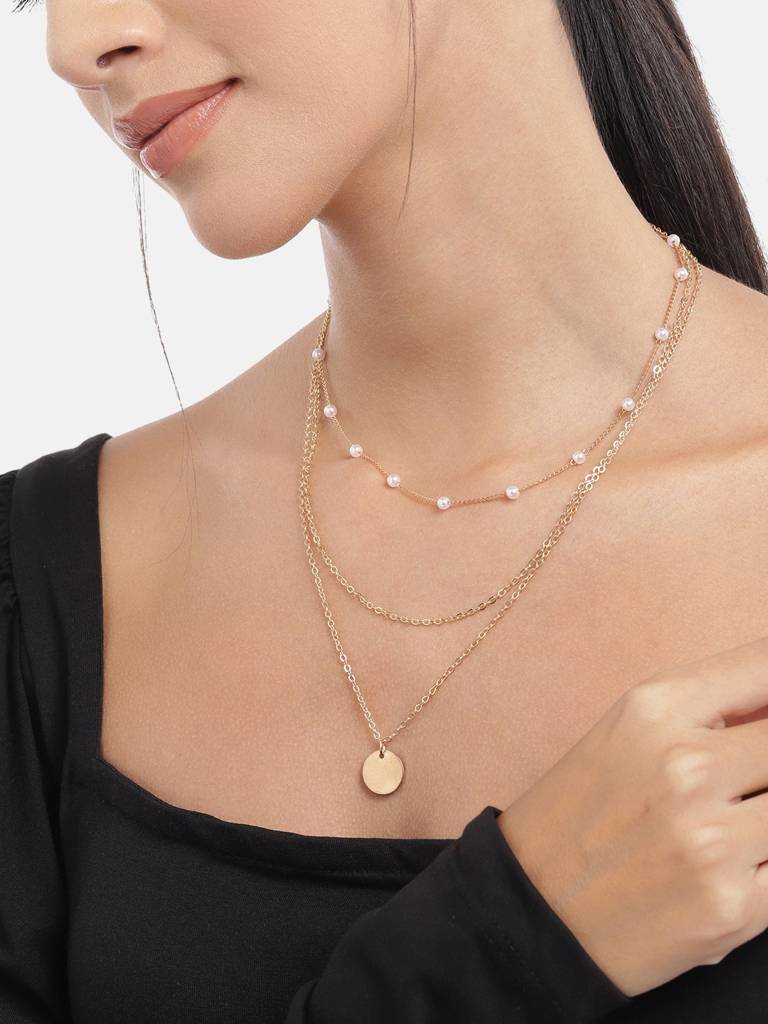 Set Of 2 Gold-Plated Pearl Layered Necklace : FJN4468