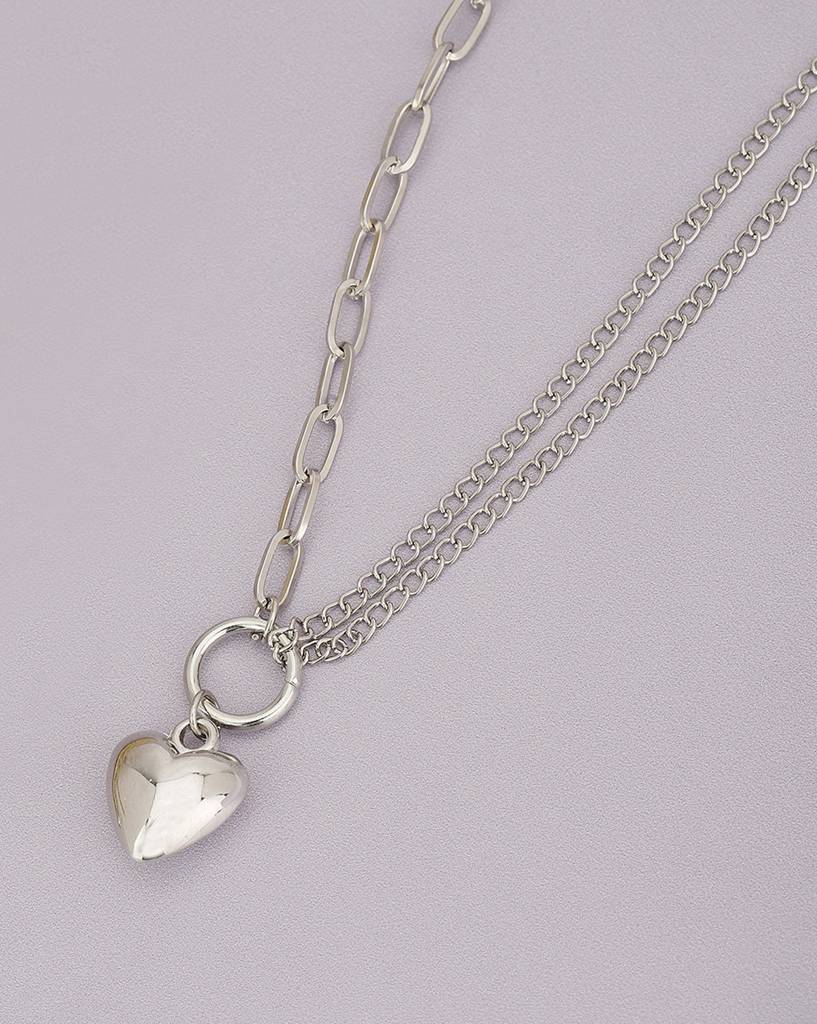Heart Pendant Double Chain Sterling Silver Necklace Petite