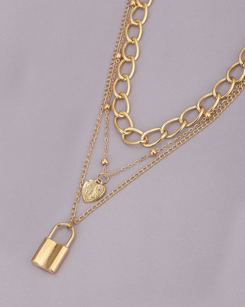 Carlton London Women Gold-Plated Triple Chain With Dangling Heart & Lock Necklace : FJN4471