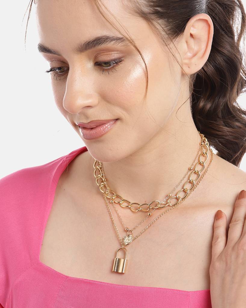 Carlton London Women Gold-Plated Triple Chain With Dangling Heart & Lock Necklace : FJN4471