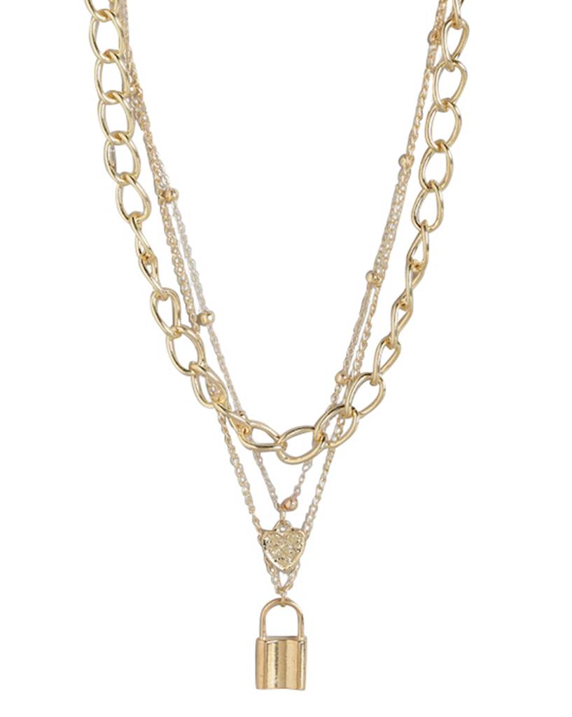 Carlton London Women Gold-Plated Triple Chain With Dangling Heart & Lock Necklace : FJN4471