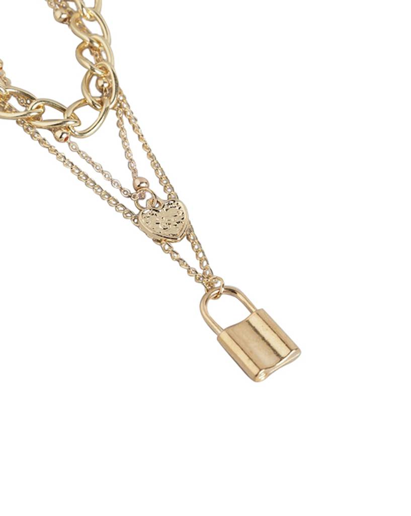 Carlton London Women Gold-Plated Triple Chain With Dangling Heart & Lock Necklace : FJN4471