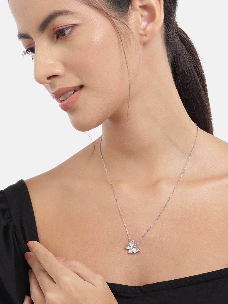 Silver-Plated Cz Studded Butterfly Necklace : FJN4478