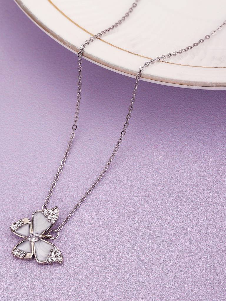 Silver-Plated Cz Studded Butterfly Necklace : FJN4478