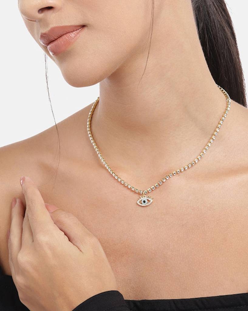 Carlton London Women Gold-Plated Cz Studded Evil Eye Enamelled Necklace : FJN4484