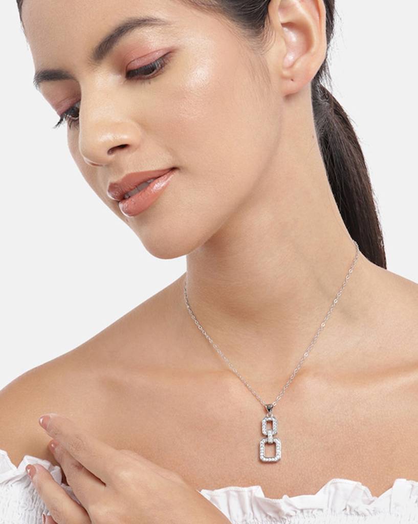 Carlton London Women Rhodium Plated Cz Studded Pendant With Chain : FJN4492