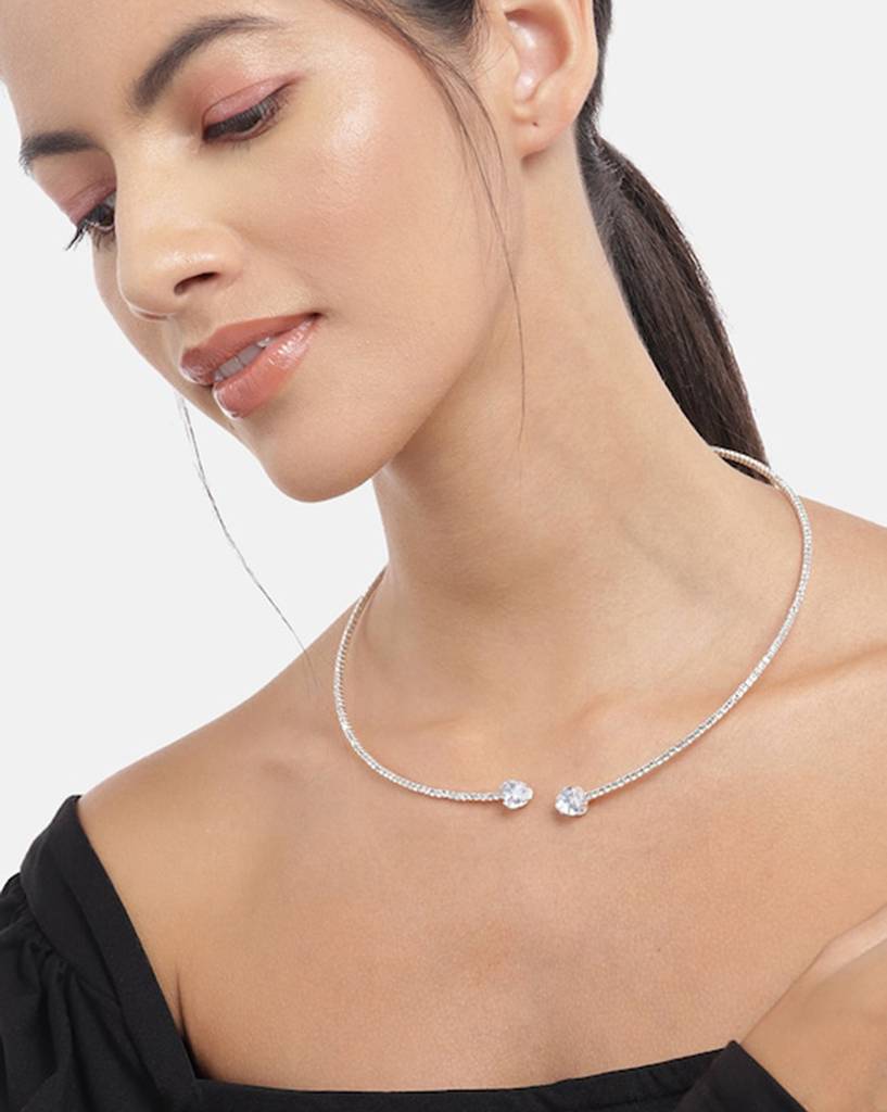 Women Rhodium-Plated Cz Studded Choker Necklace : FJN4499