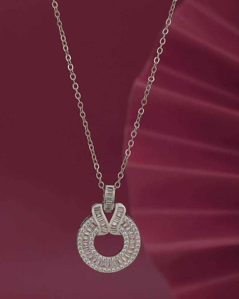 Carlton London Women Premium Rhodium-Plated Cz Circular Pendant With Chain : FJN4500