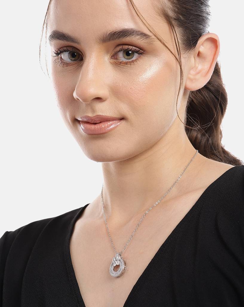 Carlton London Women Premium Rhodium-Plated Cz Circular Pendant With Chain : FJN4500