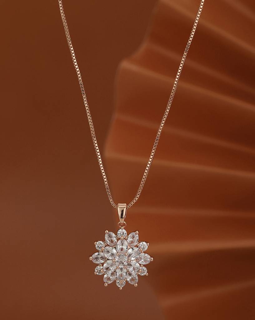 Carlton London Women Premium Rose-Gold Plated Cz Floral Pendant With Chain : FJN4502
