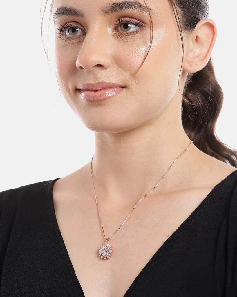 Carlton London Women Premium Rose-Gold Plated Cz Floral Pendant With Chain : FJN4502