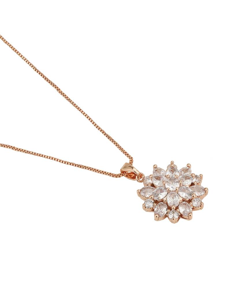 Carlton London Women Premium Rose-Gold Plated Cz Floral Pendant With Chain : FJN4502