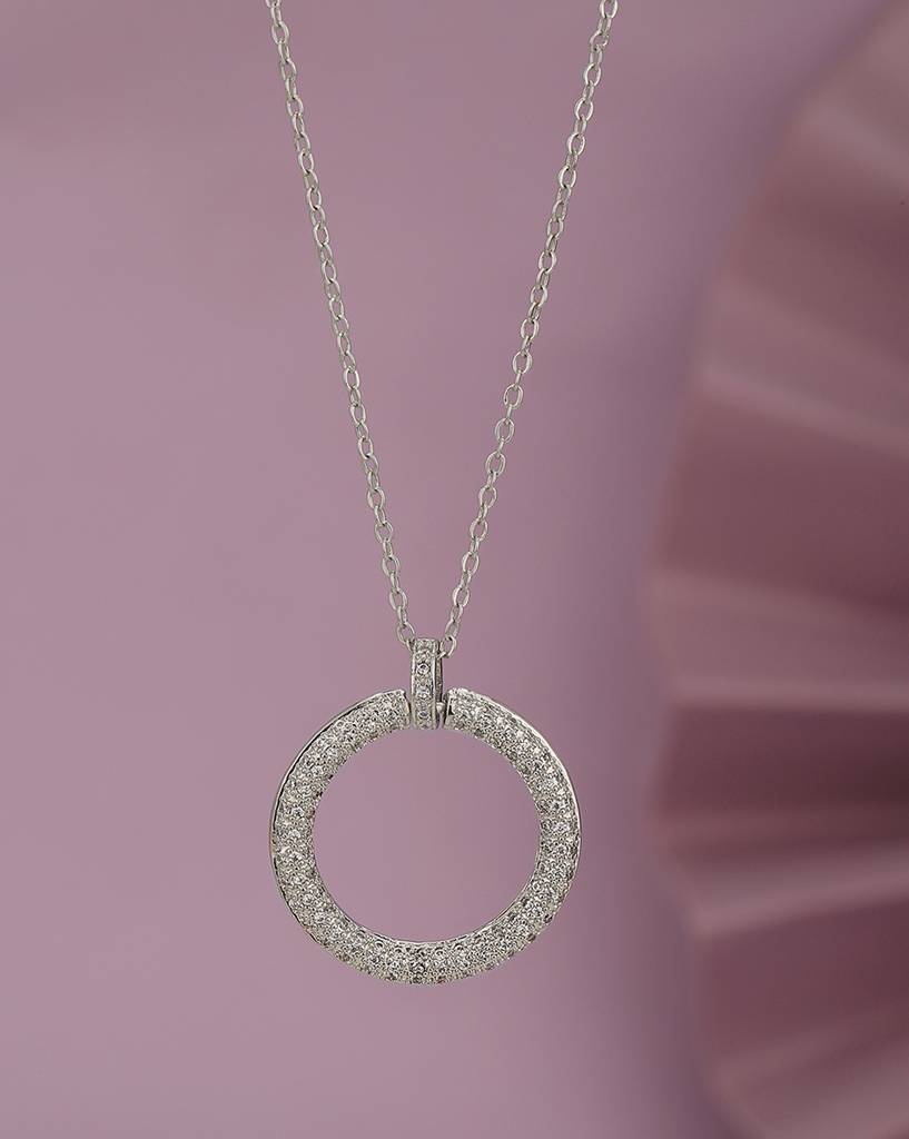 Carlton London Women Rhodium-Plated Cz Studded Circular Pendant With Chain : FJN4505