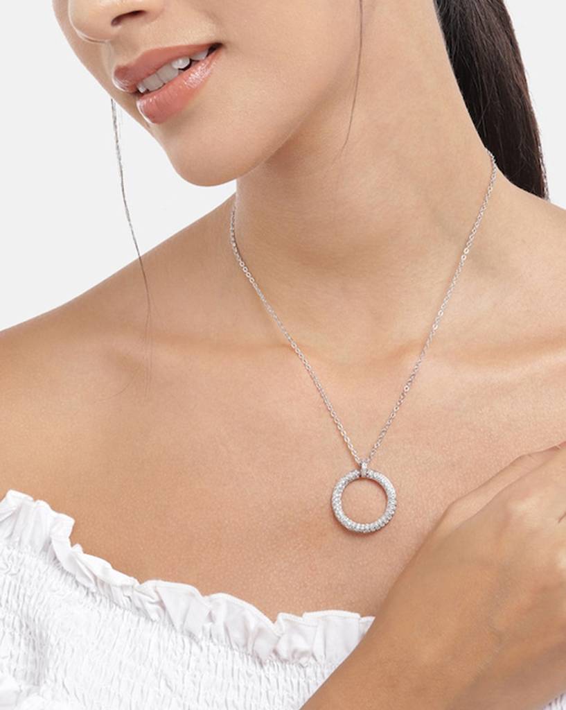 Carlton London Women Rhodium-Plated Cz Studded Circular Pendant With Chain : FJN4505