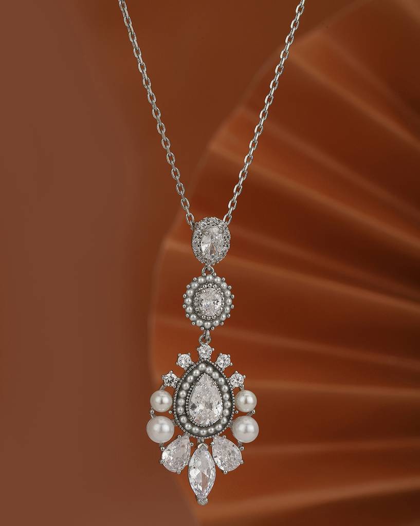 Carlton London Women Premium Rhodium-Plated Pearl Teardrop Shaped Pendant With Chain : FJN4508