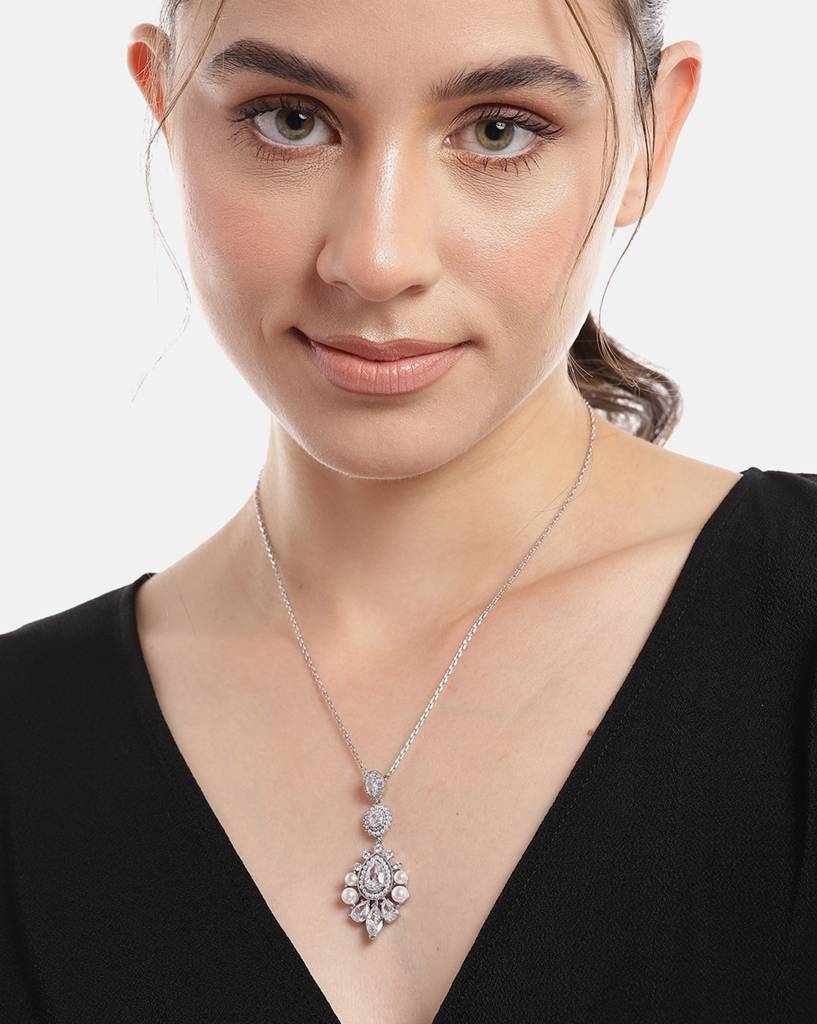 Carlton London Women Premium Rhodium-Plated Pearl Teardrop Shaped Pendant With Chain : FJN4508