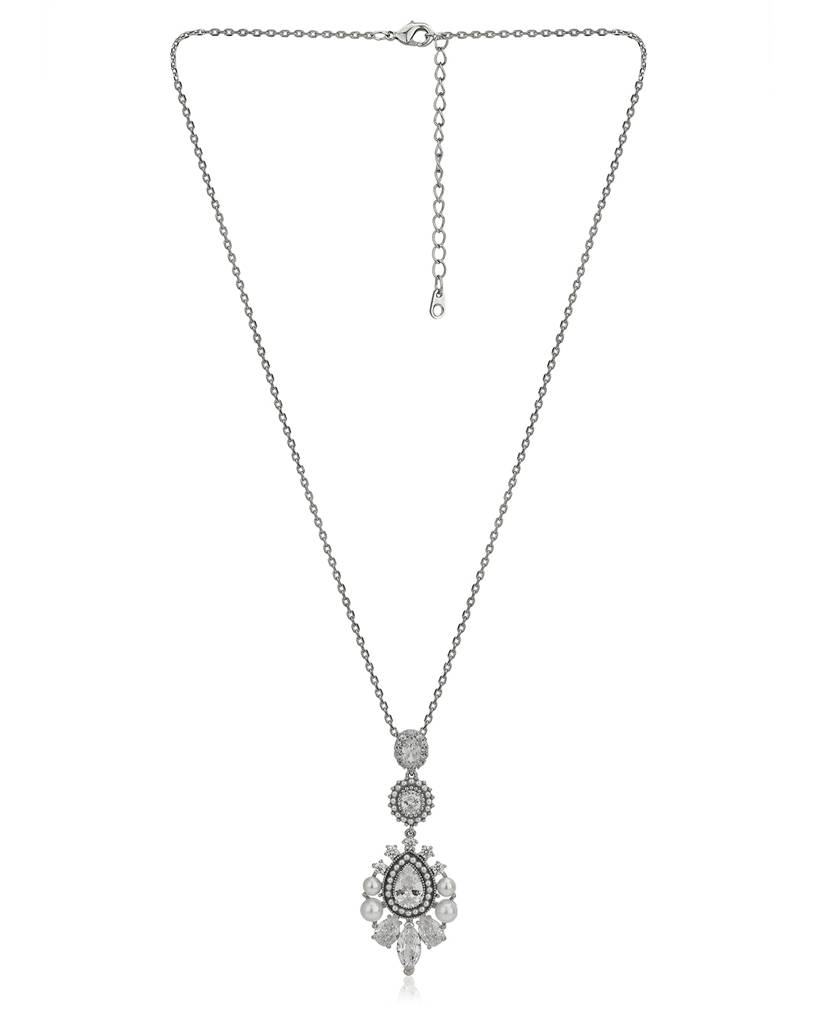 Carlton London Women Premium Rhodium-Plated Pearl Teardrop Shaped Pendant With Chain : FJN4508
