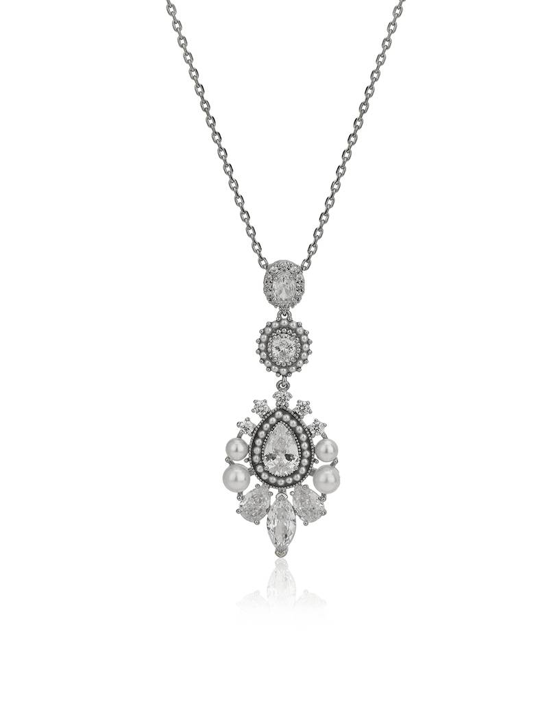 Carlton London Women Premium Rhodium-Plated Pearl Teardrop Shaped Pendant With Chain : FJN4508