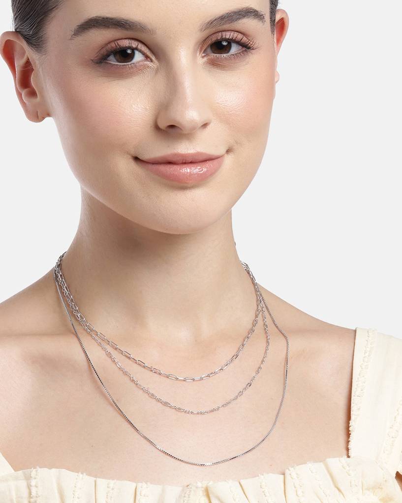 Carlton London Brass Rhodium-Plated Triple Chain Necklace : FJN4577