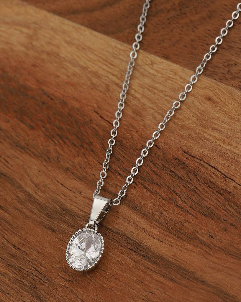 Carlton London Rhodium-Plated Oval Pendant With Chain : FJN4624