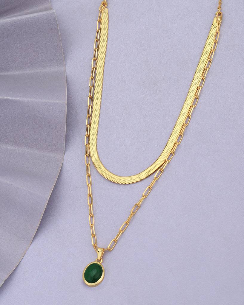 Carlton London 18Kt Gold Plated Green Aventurine Stone Double Chain Necklace : FJN4840