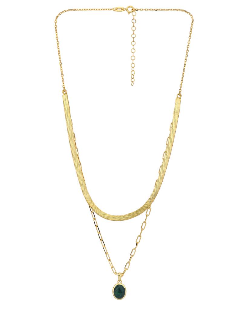 Carlton London 18Kt Gold Plated Green Aventurine Stone Double Chain Necklace : FJN4840