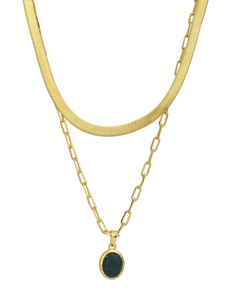 Carlton London 18Kt Gold Plated Green Aventurine Stone Double Chain Necklace : FJN4840