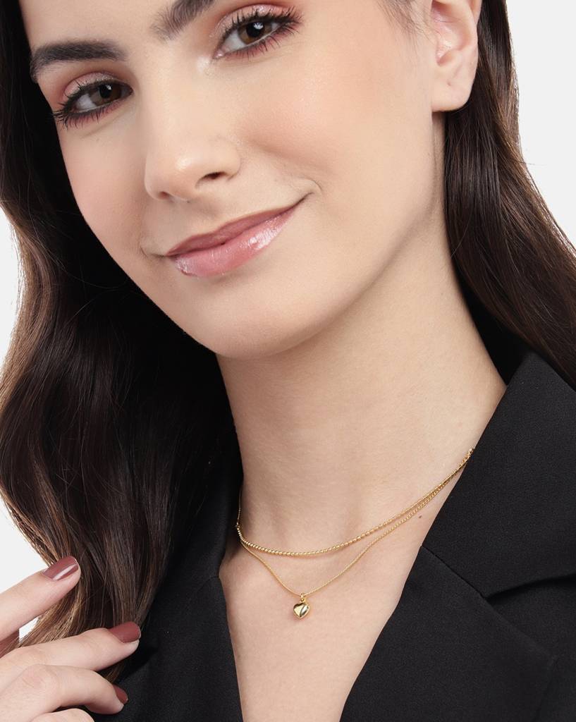 Carlton London 18Kt Gold Plated Dangling Heart Double Chain Necklace : FJN4936