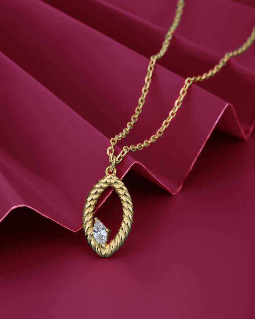 Carlton London 18Kt Gold Plated With Cubic Zirconia Studded Textured Drop Pendant & Chain : FJN5009