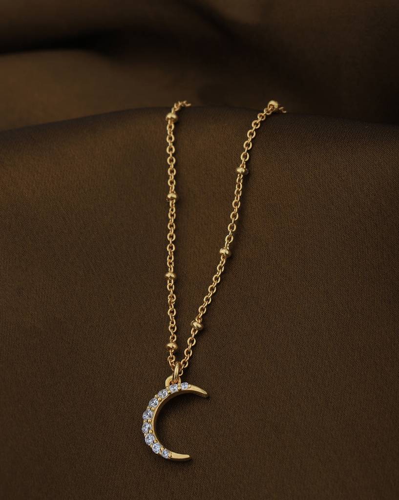 Carlton London 18Kt Gold Plated Cubic Zirconia Studded Half Moon Pendant With Chain : FJN5016