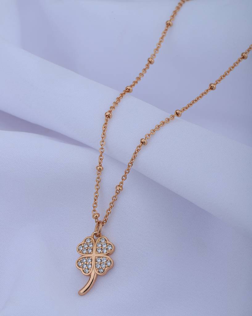 Carlton London 18Kt Rose Gold Plated With Cz Four Leaf Clover Pendant With  Chain Brass One Size Rose Gold