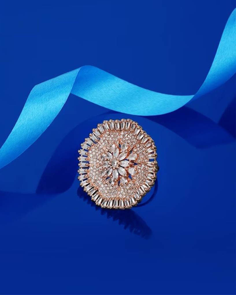 Carlton London Women Rose Gold-Plated Cz-Studded Floral-Shaped Handcrafted Finger Ring : FJR2653